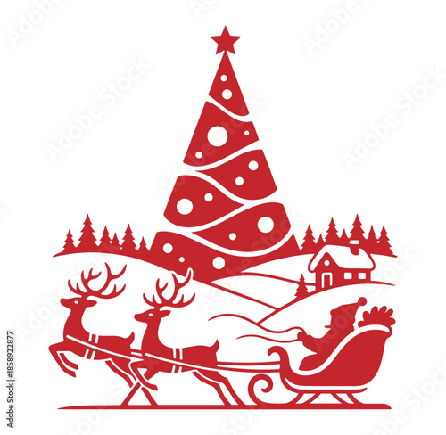 red illustration of santa claus in sleigh pulled by reindeer under christmas tree