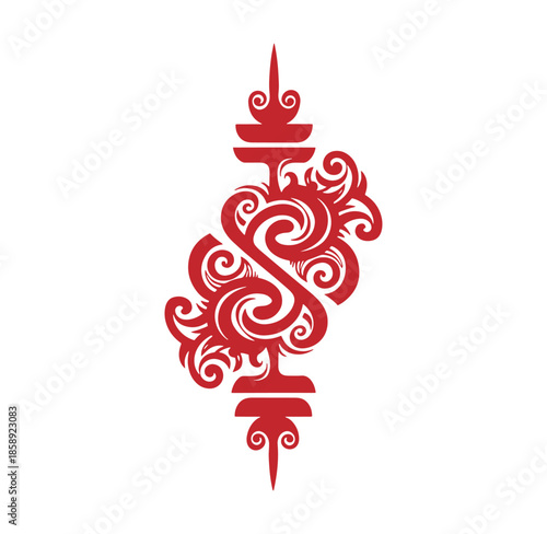 Red traditional Thai ornate decorative design element isolated on white background