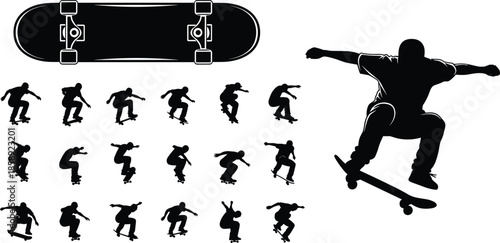 Skateboarding action silhouettes vector collection with skateboard deck and trick sequences, urban street sports icons for youth culture, extreme movement, and skate park design
