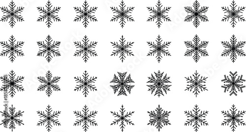 Snowflake silhouettes vector set, winter ice crystal icons collection featuring geometric frost patterns, holiday decoration elements isolated illustration