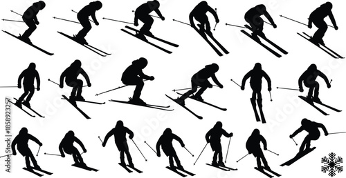 Skier silhouettes vector illustration set, alpine skiing action poses collection, winter sports athletes icons for competition, downhill motion and outdoor 