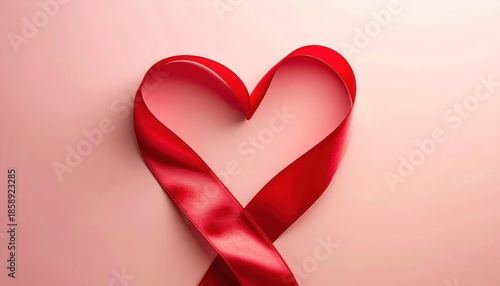 Heart Shape Created with Red Ribbon on Soft Pink Background for Love and Romance Themes