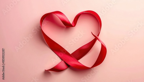 Red Satin Ribbon Forming Heart Shape on Soft Pink Background for Valentine's Day Decor