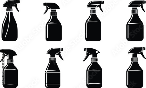 Spray bottle silhouettes set for cleaning products, household detergent containers, black vector illustration collection of trigger bottles isolated on white background