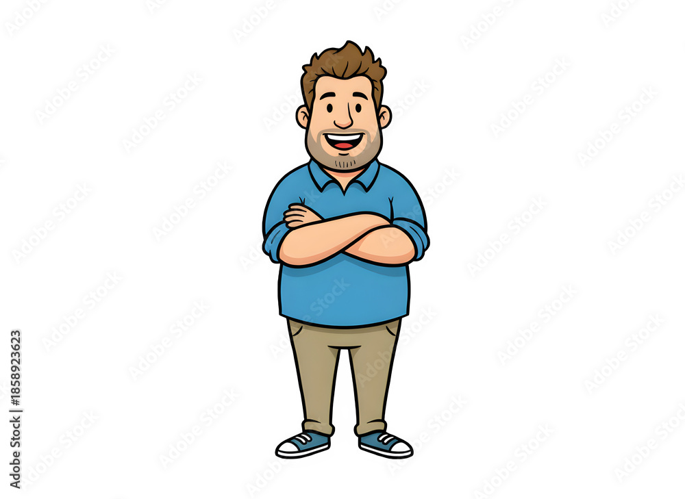 Obraz premium short brown hair, beard, and crossed arms, wearing a blue shirt and beige pants. Friendly and approachable design ideal for avatars, educational content, team profiles, or promotional materials.