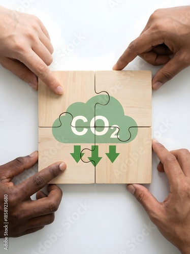 Hands assembling puzzle with CO2 reduction symbol to represent sustainability, carbon footprint management, climate action strategy, and environmental responsibility concept