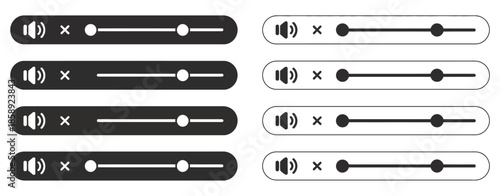 Black and White Audio Volume Slider Icon Set, Including Mute, Low, Medium, and High Sound Level Icons in Flat UI Design