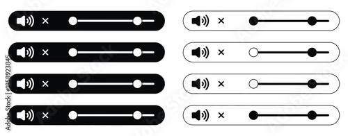 Black and White Audio Volume Slider Icon Set, Featuring Mute, Low, Medium, and High Sound Levels in Flat UI Style, Suitable for Media Player Interface