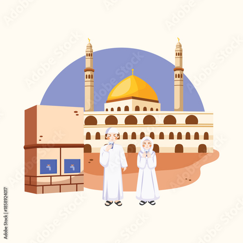A flat illustration of Muslim pilgrims drinking Zamzam water near a mosque, representing spiritual rituals, worship, and Islamic pilgrimage activities.