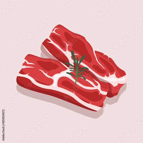 A flat illustration of raw beef steak with herbs, suitable for culinary menus, food packaging, and ingredient visuals.