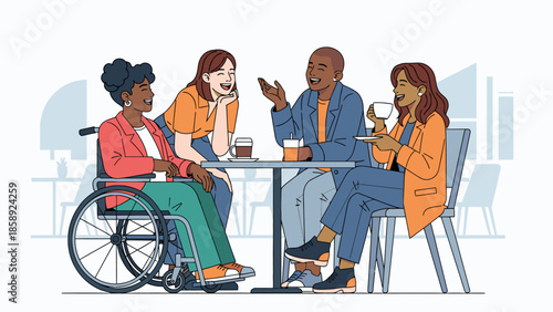 Diverse group of friends enjoying a casual conversation at a cafe.