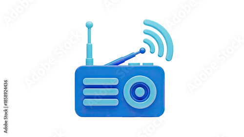 3D Blue Radio with Antenna and Signal Waves