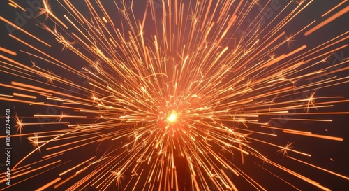 Radiant Fiery Burst of Golden Sparks Illuminating Dark Night Sky with Dynamic Energy.