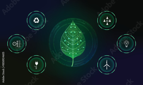 Futuristic infographic featuring a biotechnology plant and six option buttons. (Glowing green) symbolizing ecology, science, technological advancement, environmental care. Sustainable Nature friendly