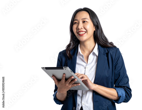 Young Businesswoman Laughing While Holding Tablet, Casual Office Style, Isolated PNG