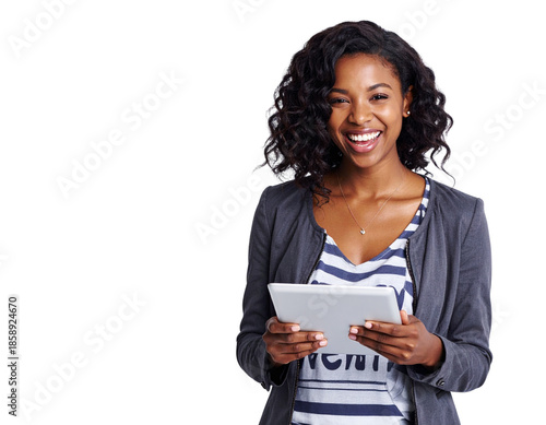 Young Businesswoman Laughing While Holding Tablet, Casual Office Style, Isolated PNG 