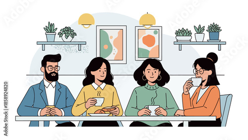 Four diverse individuals enjoying a casual coffee break together.