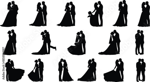 Romantic wedding couple silhouette collection showing bride groom love poses elegant dance kissing moments isolated vector illustration for celebration design