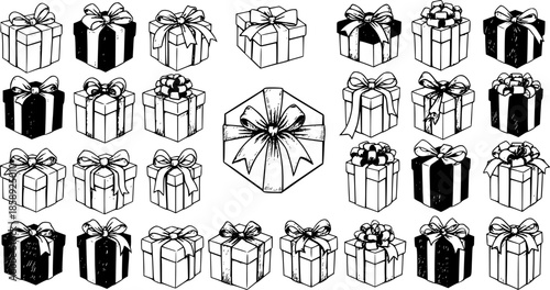 Hand-drawn Black and White Line Art Gift Boxes Collection for Holiday Celebration and Special Occasion Gifting, Featuring Presents and Surprise Packaging Doodles