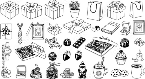 Hand-drawn Black and White Line Art Collection of Holiday and Celebration Gift Items, Sweets, and Festive Elements  Ideal for Lifestyle and Retail