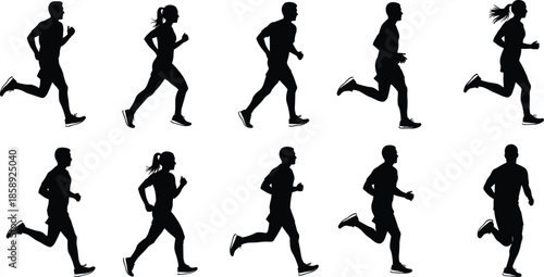 Running people silhouettes set, men and women jogging in motion, fitness training and healthy lifestyle concept, black vector illustration for sport design