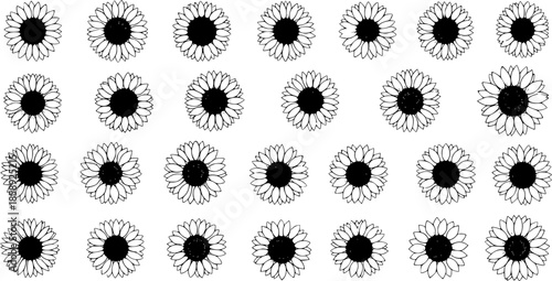 Seamless Black and White Line Art Hand Drawn Sunflower Floral Pattern Illustration for Summer Botanical Backgrounds and Decorative Prints