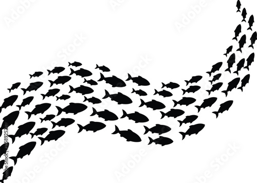 School of fish silhouettes swimming formation isolated on white background, underwater marine life motion concept, dynamic ocean wildlife black vector illustration set