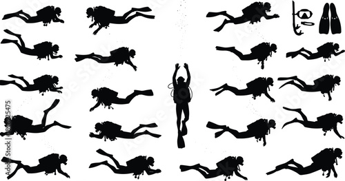Scuba diving silhouettes vector set, underwater diver action poses collection with fins mask oxygen tank, marine adventure sport isolated illustration