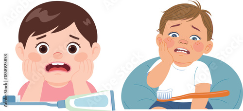 Children with toothache, dental discomfort, toothbrush and toothpaste, oral hygiene issue, cartoon pain expression, pediatric dental care illustration