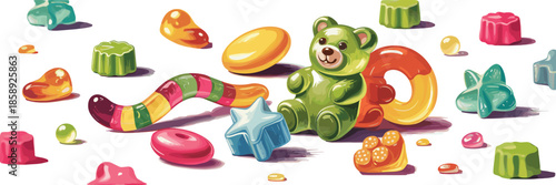 Colorful candy assortment, gummy bear centerpiece, sweet treats, playful confectionery, vibrant sugar snacks, childhood sweets, glossy candy illustration