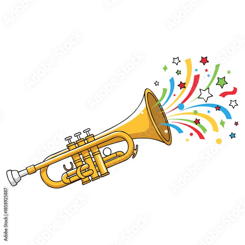 Golden Trumpet with Bursting Confetti and Colorful Stars for Celebration