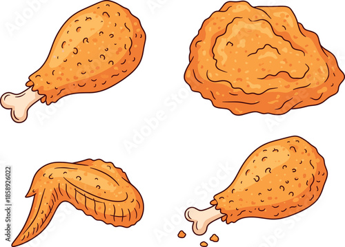 Set of crispy fried chicken drumsticks wings and breaded pieces vector illustration isolated on white background for restaurant.