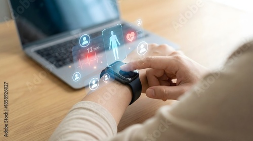 Smart wearable technology monitoring health and fitness data on wrist while working on laptop, showcasing modern lifestyle, biometric tracking, and digital innovation