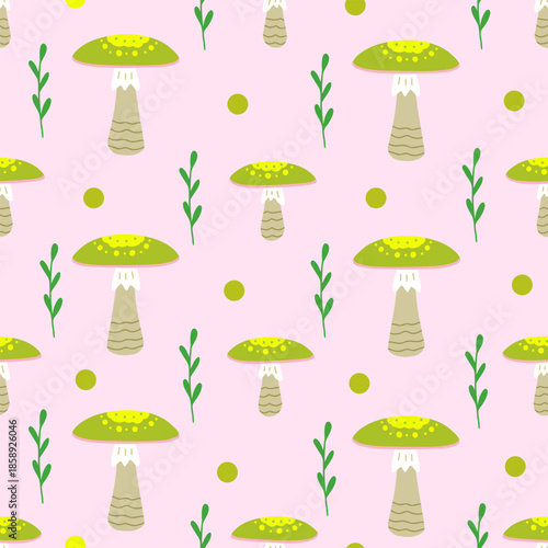 Death cap mushroom seamless pattern. Vector Illustration for printing, backgrounds, covers and packaging. Image can be used for greeting cards, posters and textile. Isolated on pink background.