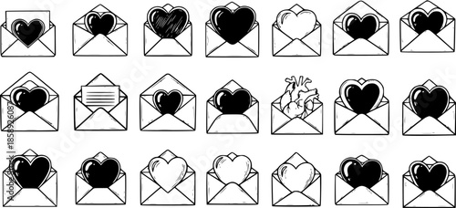 Love and Romance Communication Doodle Icon Set: Black and White Hand-Drawn Line Art Envelopes with Hearts, including an Anatomical Heart, for Valentine's Day, Emotional Messages, and Dating Themes.