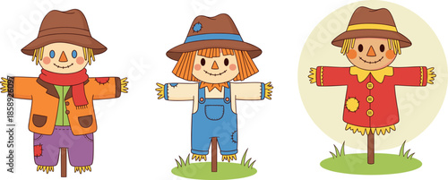 Set of cute cartoon scarecrows with blue overalls and red tunic vector illustration isolated on white for harvest.