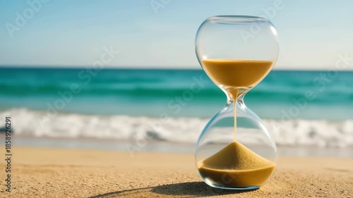 Hourglass on Beach Symbolizing Time and Relaxation