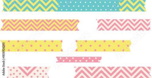 Set of decorative washi tape strips with colorful chevron and polka dot patterns for digital scrapbooking and planners.