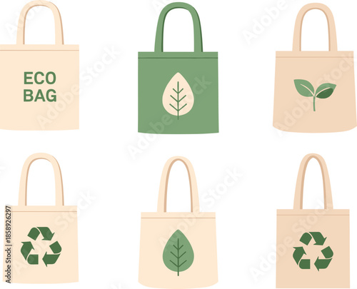 Set of eco friendly reusable cloth tote bags with leaf and recycle icons vector illustration for sustainable shopping.