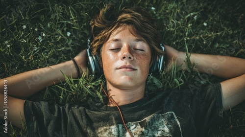 Serene Soundscape: A young individual, immersed in a world of music, lies peacefully upon a bed of grass, headphones enveloping them in a private concert.