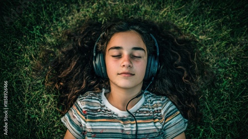 Harmony in Sound: A young person finds solace and escape, immersed in music while resting on the grass, eyes closed, headphones on, expressing inner peace and tranquility.