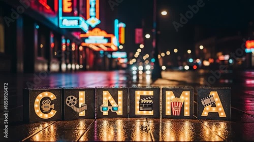 A cinematic view of a movie theater at night with a video showcasing the cinema sign