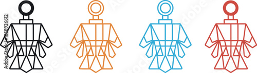 Set of four minimalist geometric line art icons featuring abstract crystal or hanging ornament designs in black orange blue and red.