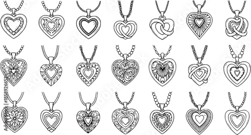 Black and White Line Art Collection of Heart Shape Pendants and Necklaces for Jewelry Design