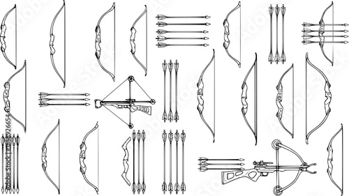 Hand-Drawn Black  White Line Art Archery Set: Various Bows, Arrows, and Crossbows for Sports and Hunting