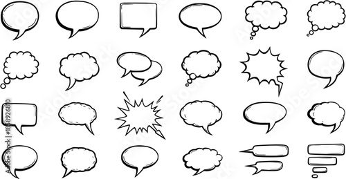 Hand Drawn Black and White Line Art Speech and Thought Bubbles Set. Comic Style Dialogue Boxes, Chat Elements, and Explosion Doodles for Communication and Graphic Design.