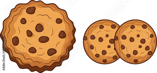 Set of chocolate chip cookies with scalloped and round shapes vector illustration isolated on white background for bakery.