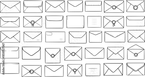 Communication and Business Mail Envelopes Set - Hand-Drawn Black  White Line Art Collection of Various Correspondence, Office, and Stationery Icons