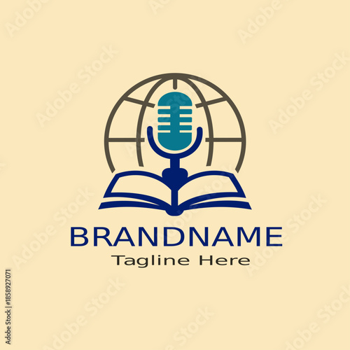Podcast Education Logo with Microphone and Open Book Global Learning Icon