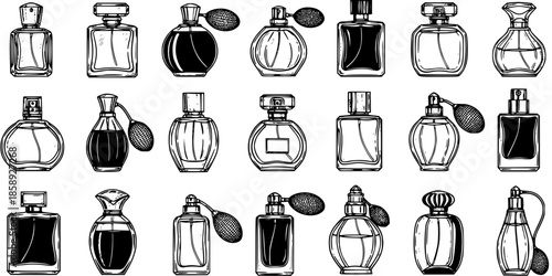 Collection of various black and white hand-drawn perfume bottles and luxury fragrance atomizers in a detailed line art style, perfect for beauty and cosmetic concepts.